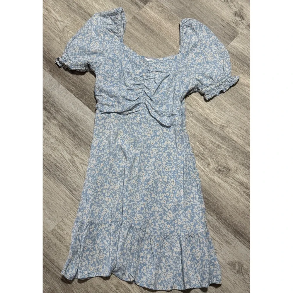 No Boundaries Blue Floral Print Mini Dress Ruched Front Short Puff Sleeve S